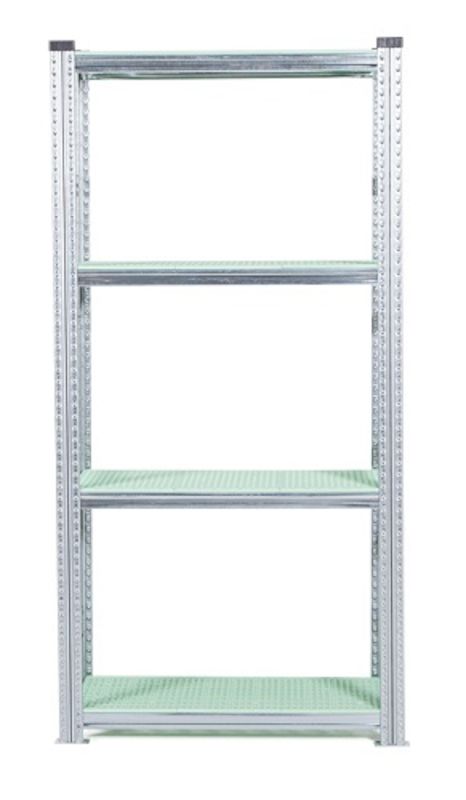 Lagerreol Flex med grønne perforerede plasthylder, til fødevareindustrien